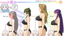  5girls :t bare_shoulders black_bra black_panties blonde_hair blue_eyes blush bra braid breasts commentary_request earrings elf embarrassed fern_(sousou_no_frieren) frieren from_side full-face_blush green_eyes green_hair grey_hair highres jewelry large_breasts lawine_(sousou_no_frieren) light_brown_hair long_hair medium_breasts medium_hair methode_(sousou_no_frieren) multiple_girls panties partially_translated plump pointy_ears pout purple_eyes purple_hair side_ponytail small_breasts sousou_no_frieren speech_bubble translation_request twintails ubel_(sousou_no_frieren) underwear underwear_only very_long_hair white_hair yami_anko 