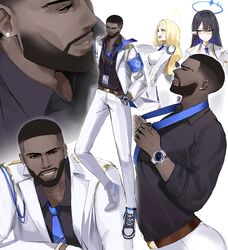  1boy 2girls absurdres ayumu_(blue_archive) beard black_eyes black_hair black_shirt blue_archive blue_hair blue_necktie breasts closed_eyes dark-skinned_male dark_skin dress ear_piercing english_commentary facial_hair fade_(haircut) forehead_jewel halo hand_in_pocket highres jacket large_breasts long_hair long_legs male_focus multiple_girls multiple_views necktie open_clothes open_jacket pants parted_lips piercing pointy_ears rin_(blue_archive) sensei_(blue_archive) shirt shoes simple_background sneakers sstthei very_dark_skin watch white_background white_dress white_jacket white_pants wristwatch 