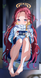  absurdres barefoot blue_archive blue_eyes blue_panties blush bow feet female full_body hairbow halo handheld_game_console highres holding holding_handheld_game_console jacket kaminose_(user_veum4325) knees_up legs long_hair long_sleeves looking_at_viewer nintendo_switch open_mouth orange_halo panties red_hair solo toes underwear white_bow white_jacket yuuka_(blue_archive) yuzu_(blue_archive) 