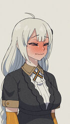  ahoge arms_at_sides black_dress blush braid breasts byackopath_(artist) closed_eyes closed_mouth collared_shirt commentary_request detached_sleeves dress embarrassed female film_grain full-face_blush furrowed_brow grey_background grey_hair hair_ornament highres kizuna_akari long_hair low_twin_braids medium_breasts meme nervous_sweating nose_blush raised_eyebrows ribbed_shirt sad_cat_dance_(meme) shirt shirt_under_dress short_sleeves simple_background solo sweat twin_braids underbust upper_body vocaloid voiceroid wavy_mouth white_background white_shirt 