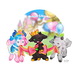  2022 2_horns ambiguous_gender balloon black_body black_fur blue_hair blush bovid bow_(feature) caprine chibi closed_eyes clothed clothing countershading crown digital_drawing_(artwork) digital_media_(artwork) female feral fur gem goat goat_princess_(goatlings) goatlings grey_body grey_fur group hair happy headgear hooves horn inflatable mammal mouth_hold one_eye_closed pink_body pink_fur pink_hair quadruped ribbons shaded smile softsy tail tail_motion tailwag tiara trio 