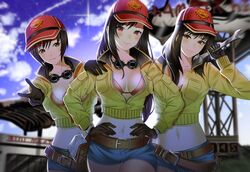  3girls black_hair blue_shorts breasts cindy_aurum cleavage fhilippedu final_fantasy final_fantasy_vii final_fantasy_vii_remake goggles goggles_around_neck hat highres kyrie_canaan large_breasts looking_at_viewer multiple_girls navel red_eyes red_hat shorts smile tifa_lockhart yuffie_kisaragi 