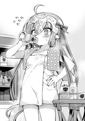  ahoge blush bottle bow coffee_milk cupboard drinking fate/grand_order fate_(series) female flat_chest flying_sweatdrops greyscale hairbow hanabana_tsubomi hand_on_own_hip headpiece highres holding holding_bottle jeanne_d&#039;arc_alter_santa_lily_(fate) long_hair monochrome naked_towel solo towel towel_around_neck type-moon_gakuen_chibichuki! very_long_hair 