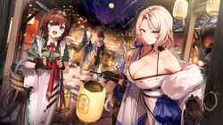  4girls 7gao blanc_(nikke) blanc_(white_rabbit)_(nikke) blonde_hair blue_eyes breasts brown_hair cleavage dress fur-trimmed_kimono fur_trim goddess_of_victory:_nikke green_dress highres japanese_clothes kimono lantern ludmilla_(nikke) ludmilla_(winter_owner)_(nikke) mica_(nikke) mica_(snow_buddy)_(nikke) multiple_girls noir_(black_rabbit)_(nikke) noir_(nikke) official_art official_wallpaper onsen pantyhose white_hair white_kimono 