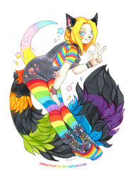  2021 :3 alternative_fashion anthro beaded_bracelet beaded_jewelry beads black_body black_clothing black_ears black_fur black_overalls blonde_hair blue_eyes boots bracelet clothed clothing colored_pencil_(artwork) colorful_theme crescent_moon domestic_cat ear_piercing felid feline felis female female_anthro fluffy fluffy_tail footwear fungus fur gesture glamfur hair hand_gesture heart_beads humanoid_face j-fashion jewelry kandi_(jewelry) kemono legwear looking_at_viewer mammal marker_(artwork) moko moon multicolored_clothing multicolored_legwear multicolored_shirt multicolored_topwear mushroom nekophoenix overalls piercing pink_inner_ear platform_boots platform_footwear rainbow rainbow_clothing rainbow_leggings rainbow_legwear rainbow_shirt rainbow_topwear raver shirt simple_background solo sparklefur star tail text topwear traditional_media_(artwork) url v_sign white_background white_body white_fur 