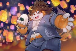  2024 3:2 anthro belly bernese_mountain_dog biped black_body blush bottomwear brown_body canid canine canis clothing domestic_dog food jinbei_(clothing) kemono male mammal molosser moobs mountain_dog nekomarudon onigiri overweight overweight_male rice shorts solo swiss_mountain_dog tanukimaru white_body 