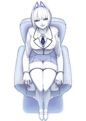  absurdres animal_ears arm_rest armchair blunt_bangs bob_cut breasts byackopath byackopath_(artist) chair collared_shirt colored_skin female from_above full_body grey_eyes grey_skirt grey_vest grin half-closed_eyes highres jacket large_breasts loafers long_sleeves looking_at_viewer looking_up miniskirt necktie original purple_necktie shirt shoes short_hair simple_background sitting skirt smile solo suit suit_jacket vest white_background white_footwear white_hair white_shirt white_skin white_suit 