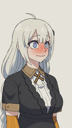  @_@ ahoge arms_at_sides black_dress blue_eyes blush braid breasts byackopath_(artist) closed_mouth collared_shirt commentary_request detached_sleeves dress embarrassed female grey_background grey_hair hair_ornament highres kizuna_akari large_breasts long_hair looking_ahead low_twin_braids meme nervous_sweating nose_blush raised_eyebrows ribbed_shirt sad_cat_dance_(meme) shirt shirt_under_dress short_sleeves simple_background solo sweat twin_braids underbust upper_body vocaloid voiceroid wavy_mouth white_shirt wide-eyed 