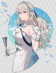  ai_tkkm alternate_costume ascot breasts cleavage corrin_(fire_emblem) dress female fire_emblem fire_emblem_fates gem gloves hairband highres long_hair looking_at_viewer off-shoulder_dress off_shoulder petals pointy_ears red_eyes smile solo tiara white_hair 