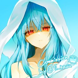  1other bare_shoulders blue_background blue_hair ciel_(tensei_shitara_slime_datta_ken) collarbone commission crossed_bangs frown glaring glowing glowing_eyes hair_between_eyes head_tilt hood hood_up li_nauu long_hair looking_at_viewer other_focus red_eyes rimuru_tempest shaded_face sidelocks simple_background solo tensei_shitara_slime_datta_ken watermark 