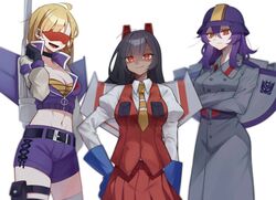  3girls astrotrain belt black_belt black_choker black_gloves blitzwing blonde_hair breasts choker coat collarbone collared_shirt commentary_request cropped_jacket crossed_arms decepticon fingerless_gloves genderswap_(mtf) gloves grey_coat grey_sleeves hair_between_eyes helmet humanization idzuki_kenkyu-in juliet_sleeves long_hair long_sleeves looking_at_viewer medium_breasts midriff multiple_girls navel necktie orange_necktie pleated_skirt pouch puffy_sleeves purple_hair purple_shorts red-tinted_eyewear red_eyes red_vest rule_63 shaded_face shirt shorts skirt smile starscream striped_clothes striped_shirt sunglasses thigh_pouch thigh_strap thighhighs tinted_eyewear transformers transformers:_generation_1 trench_coat vest white_thighhighs yellow_shirt 