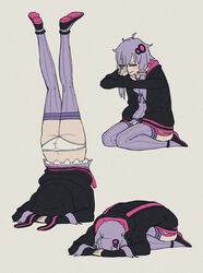  ahoge anklet ass begging black_hoodie blush byackopath_(artist) closed_eyes closed_mouth commentary_request criss-cross_halter dogeza dress female full_body hair_ornament halter_dress halterneck handstand highres hood hood_down hoodie jewelry long_hair meme multiple_views open_clothes open_hoodie own_hands_together palms_together panties purple_dress purple_hair purple_thighhighs sad_cat_dance_(meme) seiza shoes short_dress short_hair_with_long_locks sitting thighhighs underwear v-shaped_eyebrows vocaloid voiceroid white_panties yuzuki_yukari 