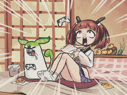  bags_under_eyes blunt_bangs byackopath_(artist) closed_eyes commentary_request controller creature cup cushion defeat emphasis_lines female food fruit full_body furrowed_brow game_controller green_tea indoors japanese_clothes kimono knife_in_head kotatsu long_sleeves looking_up mandarin_orange miniskirt object_through_head open_mouth playing_games pleated_skirt purple_skirt raised_eyebrows red_eyes red_hair ringed_eyes sharp_teeth short_kimono shouji sitting skirt sliding_doors smile socks tabi table tea teeth tongue tongue_out touhoku_kiritan trash_bag twintails voiceroid white_kimono white_socks yunomi zabuton zundamon 