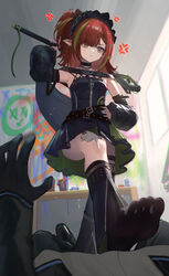  1other absurdres anger_vein arknights bandage_on_knee bandaid bandaid_on_face belt black_dress black_socks blue_nails breasts chinese_commentary commentary_request detached_sleeves doctor_(arknights) dress ear_chain ear_piercing female green_eyes green_hair highres holding holding_staff kneehighs multicolored_hair multiple_belts no_shoes piercing pointy_ears pov red_hair small_breasts socks soles staff streaked_hair techno_(arknights) zayur 