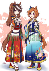  2girls animal_ears birthday blue_kimono boots breasts brown_hair chest_sarashi closed_mouth corset dated ear_covers epaulettes flat_chest floral_print full_body gloves hadanugi_dousa hand_on_own_chest highres horse_ears horse_girl horse_tail japanese_clothes kimono kishino long_hair long_sleeves multicolored_hair multiple_girls okobo open_mouth orange_hair outstretched_arms ponytail purple_eyes reaching reaching_towards_viewer red_kimono sandals sarashi short_hair side_slit single_ear_cover small_breasts smile standing streaked_hair symboli_rudolf_(archer_of_the_white_moon)_(umamusume) symboli_rudolf_(umamusume) t.m._opera_o_(blue_dazzle)_(umamusume) t.m._opera_o_(umamusume) tabi tail timestamp umamusume white_gloves wide_sleeves 