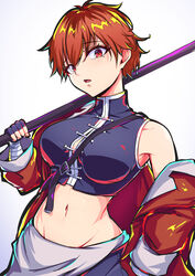  black_pants black_shirt black_tunic breasts commentary_request cropped_shirt female genderswap_(mtf) highres holding holding_weapon jacket karan_koron100 large_breasts looking_at_viewer navel off_shoulder pants red_eyes red_hair red_jacket rule_63 shirt short_hair simple_background sleeveless sleeveless_shirt solo sousou_no_frieren stark_(sousou_no_frieren) weapon white_background 