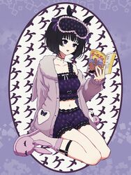  animal_ears animal_slippers black_hair blunt_ends bob_cut bobobo-bo_bo-bobo bobobo-bo_bo-bobo_(character) book border breasts bunny_slippers cardigan choker collarbone cropped_shirt fake_animal_ears female full_body fur_socks hand_up highres holding holding_book lace-trimmed_shirt lace-trimmed_shorts lace_trim large_breasts legwear_garter long_sleeves manga_(object) mask mask_on_head midriff nijisanji nkymyura off_shoulder open_cardigan open_clothes open_mouth outside_border oval_background purple_border purple_cardigan purple_eyes purple_shorts purple_socks rabbit_ears reading shirt short_hair shorts sitting sleep_mask sleepwear sleeveless sleeveless_shirt slippers socks solo text_background tsukino_mito tsukino_mito_(loungewear) virtual_youtuber wariza 