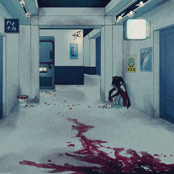  black_gloves black_hair blood blood_on_clothes blood_on_leg blood_trail bucket byackopath byackopath_(artist) ceiling_light commentary_request covered_face door dress elbow_gloves female film_grain gloves hair_over_face indoors koubekubi_(byackopath) long_hair original pool_of_blood poster_(object) red_dress short_dress sign sitting sleeveless sleeveless_dress solo twintails wide_shot 