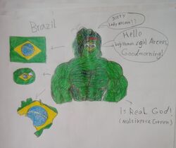  2024 absurd_res big_muscles body_hair brazil chest_hair countryhuman deity graphite_(artwork) green_body green_eyes green_hair hair hi_res huge_muscles humanoid male muscular muscular_male nipples not_furry pencil_(artwork) shy solo traditional_media_(artwork) yellow_nipples 