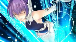  astel_(wizards_symphony) atelier-moo bare_shoulders closed_eyes closed_mouth cowboy_shot dungeon female golem hair_between_eyes mechanical_arms purple_hair restrained robot_ears short_hair sleeping sleeveless solo wizards_symphony 