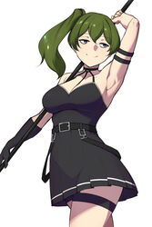  arm_behind_head arm_up armpits black_choker black_gloves black_skirt breasts choker commentary english_commentary female gloves green_hair highres holding holding_polearm holding_weapon large_breasts looking_to_the_side o-ring o-ring_choker pleated_skirt polearm purple_eyes side_ponytail single_glove skirt smile solo sousou_no_frieren spear spottylen standing suspenders_hanging thigh_strap thighs ubel_(sousou_no_frieren) weapon 