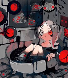  agent_8_(splatoon) bathtub closed_mouth collarbone commentary_request constricted_pupils drizzling_cappriccioso female fish fish_skeleton gradient_hair grey_hair highres homing_arpeggio indoors jelleton li04r medium_hair multicolored_hair octoling octoling_girl octoling_player_character red_eyes red_hair spawning_accordo splatoon_(series) splatoon_3 splatoon_3:_side_order swarming_languendo tentacle_hair two-tone_hair window 