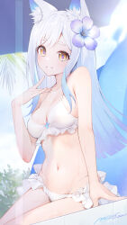  animal_ear_fluff animal_ears arm_at_side bare_arms bare_shoulders bikini blue_hair blunt_ends breasts cleavage collarbone cowboy_shot dated day female flower frilled_bikini frilled_bikini_top frills gradient_hair hair_flower hair_ornament hand_up head_tilt highres long_hair looking_at_viewer mcg6 medium_breasts multi-strapped_bikini_bottom multicolored_flower multicolored_hair navel original outdoors palm_tree parted_bangs pink_pupils sidelocks sitting smile solo straight_hair summer sunlight swept_bangs swimsuit teeth tree wet white_bikini white_hair yellow_eyes 