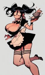  ai_generated black_hair black_heels carrying_food cleavage cleavage_cutout dynamic_pose fiora_(kosine1777) food food_tray heels huge_breasts kosine1777 maid maid_uniform original original_character stockings tray twintails white_stockings 