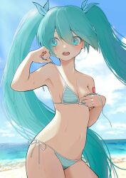  aqua_bikini aqua_eyes aqua_hair armpits beach bikini cowboy_shot day female hand_up hatsune_miku highres long_hair nami_(rick_nami) open_mouth outdoors side-tie_bikini_bottom solo standing strap_pull striped_bikini striped_clothes sweat swimsuit twintails untied_bikini very_long_hair vocaloid 