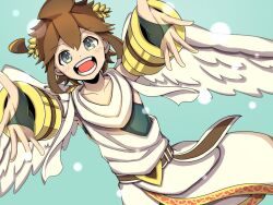  1boy ahoge ancient_greek_clothes androgynous angel angel_wings aqua_eyes belt blue_background blue_undershirt bracer brown_belt brown_hair collarbone cowboy_shot feathered_wings fingerless_gloves gloves gold_trim greco-roman_clothes kid_icarus kid_icarus_uprising light_blush male_focus open_mouth pit_(kid_icarus) short_hair sidelocks smile solo undershirt waffuum white_wings wings 