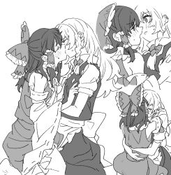  2girls apron arms_around_neck arms_around_waist ass bow braid closed_eyes commentary_request detached_sleeves dress face-to-face frilled_bow frilled_hair_tubes frills greyscale hair_tubes hairbow hakurei_reimu highres hug kirisame_marisa kissing long_hair mero_(starfish_jcs) monochrome multiple_girls no_headwear open_mouth parted_lips simple_background single_braid sweat touhou vest waist_apron white_background wide_sleeves yuri 