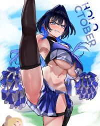  2girls absurdres alternate_costume angry black_hair blonde_hair blue_eyes blue_hair blush breasts cheerleader chibi hair_intakes hat highres hololive hololive_english koizumi_arata large_breasts leg_up looking_at_viewer multiple_girls ouro_kronii pom_pom_(cheerleading) short_hair smol_ame thighhighs underboob virtual_youtuber watson_amelia 