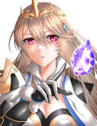  armor breasts cleavage commentary_request corrin_(female)_(fire_emblem) corrin_(female)_(silent_bloodline)_(fire_emblem) corrin_(fire_emblem) crown dragonstone female fire_emblem fire_emblem_fates fire_emblem_heroes floating floating_object gauntlets grey_hair hair_between_eyes highres jewelry large_breasts long_hair lost_(su-pa-buru) official_alternate_costume pointy_ears red_eyes simple_background solo white_background 