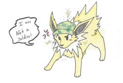  all_fours angry annoyed blush camo camo_print clothing cross-popping_vein eeveelution electricity english_text feral fur generation_1_pokemon hat headgear headwear jolteon male mane nintendo pokemon pokemon_(species) rainbowraven simple_background solo speech_bubble text white_background white_body white_fur yellow_body yellow_fur 