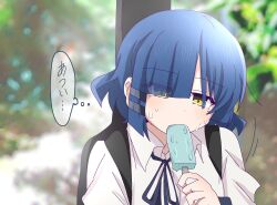  bag black_bag black_ribbon blue_hair blurry blurry_background bocchi_the_rock! commentary female food food_in_mouth guitar_case hair_ornament hairclip highres holding holding_food holding_popsicle instrument_case mole mole_under_eye neck_ribbon popsicle popsicle_in_mouth ribbon shirt short_hair solo sweat thought_bubble torikoboshi translated upper_body white_shirt yamada_ryo yellow_eyes 