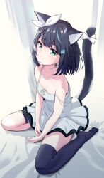  animal_ear_fluff animal_ears aqua_eyes arms_between_legs bare_arms bare_shoulders bed_sheet black_hair black_tail black_thighhighs bow breasts cat_ears cat_girl cat_tail closed_mouth collarbone dress earrings eyelashes female from_above from_side full_body hair_ornament hair_ribbon hairclip highres indie_virtual_youtuber jewelry light_blush looking_at_viewer looking_to_the_side medium_hair multicolored_hair no_shoes pleated_dress ribbon sesera_mitona short_dress single_thighhigh sitting sleeveless sleeveless_dress small_breasts smile solo spaghetti_strap strap_slip streaked_hair sundress swept_bangs taachika tail tail_bow tail_ornament tail_raised thigh_strap thighhighs virtual_youtuber wariza white_bow white_dress white_ribbon 