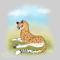  2024 blue_eyes blush border cheetah day detailed_background english_text felid feline female feral fur grass grey_border hi_res looking_at_viewer lying mammal nekostar on_side outside pawpads plant signature solo text white_body white_fur yellow_body yellow_fur 