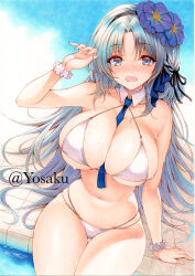  alsace_(azur_lane) arm_support azur_lane between_breasts bikini blue_hair blue_necktie blush braid breasts cleavage commentary_request detached_collar flower grey_hair hair_flower hair_ornament hair_ribbon hairband highres long_hair looking_at_viewer multicolored_hair necktie necktie_between_breasts open_mouth parted_bangs poolside ribbon sidelocks sitting swimsuit thighs twitter_username very_long_hair wavy_hair white_bikini yosaku_vs_hina 