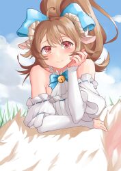  animal_ears arknights bare_shoulders bell blue_bow blue_bowtie blush bow bowtie brown_hair chinese_commentary closed_mouth commentary_request curled_horns day dress eyjafjalla_(arknights) eyjafjalla_the_hvit_aska_(a_picnic_before_a_long_trip)_(arknights) eyjafjalla_the_hvit_aska_(arknights) female grey_horns hairbow head_rest highres horns jingle_bell long_hair long_sleeves looking_at_viewer neck_bell neti_(cpu11151) official_alternate_costume outdoors pink_eyes ribbon_trim smile solo white_dress 