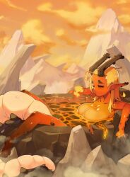  antlers barefoot bathing blonde_hair blush breasts cleavage closed_eyes cloud collarbone colored_skin commentary english_commentary female highres horns huge_breasts lava lava_bath long_hair monster_girl nude open_mouth orange_skin original partially_submerged pointy_ears solo vins-mousseux 