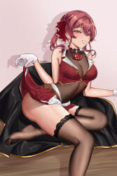  absurdres ascot black_choker black_coat black_thighhighs blush breasts choker cleavage clothes_lift coat cropped_jacket feet female foot_out_of_frame frilled_choker frills gloves hair_ribbon heterochromia highres hololive houshou_marine houshou_marine_(1st_costume) jacket lace-trimmed_thighhighs lace_trim large_breasts legs lifting_own_clothes long_hair no_shoes red_ascot red_eyes red_hair red_jacket red_ribbon ribbon skirt skirt_lift sleeveless sleeveless_jacket thighhighs toes virtual_youtuber white_gloves wonnikon yellow_eyes 