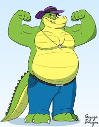  2024 4_fingers alligator alligatorid anthro belly big_belly bottomwear brok_(brok_the_investigator) brok_the_investigator clothing cowcat_games crocodilian fingers gigizadragon hat headgear headwear humanoid_hands male musclegut muscular overweight overweight_male pants reptile scalie simple_background smile solo 