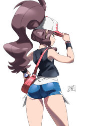  absurdres arm_up ass bag baseball_cap black_vest blue_eyes blue_shorts brown_hair female from_behind hand_on_headwear hat highres hilda_(pokemon) kabashima_yousuke long_hair poke_ball pokemon pokemon_bw ponytail shirt short_shorts shorts sleeveless sleeveless_shirt smile solo thighs vest white_hair white_shirt wristband 