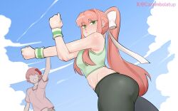  ass blush carambolatup clouds doki_doki_literature_club exercise exercise_clothing looking_at_viewer looking_back midriff monika_(doki_doki_literature_club) sayori_(doki_doki_literature_club) 