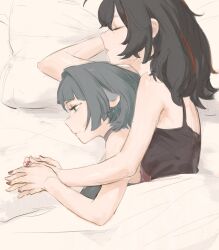  2girls absurdres black_camisole black_choker black_hair bluhbold camisole choker closed_mouth cuddling from_above grey_hair highres holding_hands jane_doe_(zenless_zone_zero) lying multicolored_hair multiple_girls on_bed on_side parted_lips pillow profile red_hair red_nails sleeping smile streaked_hair under_covers yuri zenless_zone_zero zhu_yuan 