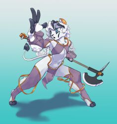  2022 anthro axe battle_axe belly_dancer_outfit biped black_body black_fur blue_eyes bottomwear braided_hair clothed clothing digital_media_(artwork) digitigrade felid femboy fingerless_(marking) full-length_portrait fur gradient_background hair hi_res holding_axe holding_object holding_weapon lightningwolt lion loincloth male male_anthro mammal multicolored_body multicolored_fur pantherine paws portrait simple_background skimpy solo tail tail_tuft translucent translucent_clothing tuft two_tone_body two_tone_fur weapon white_body white_fur white_hair yellow_inner_ear 