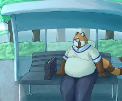  2024 absurd_res ailurid anthro bari_mu bench bottomwear brown_body clothing detailed_background eyewear glasses hi_res kemono male mammal outside overweight overweight_male pants red_panda shirt sitting solo topwear 