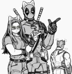  2boys :&lt; animal_ears back belt bodysuit cat_ears closed_mouth deadpool deadpool_&amp;_wolverine deadpool_(series) dishing facial_hair fake_animal_ears female fingerless_gloves gloves katana laura_kinney long_hair marvel marvel_cinematic_universe mask monochrome multiple_boys muscular muscular_male pants pectorals shirt short_hair short_sleeves sunglasses superhero_costume sword sword_on_back utility_belt weapon weapon_on_back wolverine_(x-men) x-23 x-men 