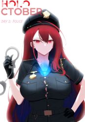  ahoge aiguillette alternate_costume black_pants black_shirt blue_fire blue_hair breasts button_gap closed_mouth colored_inner_hair cuffs elizabeth_rose_bloodflame ellier23 english_text epaulettes female fire hair_between_eyes hand_on_own_hip handcuffs hat highres holding holding_handcuffs hololive hololive_english huge_ahoge large_breasts long_hair looking_at_viewer multicolored_hair no_bra pants police police_badge police_hat police_uniform policewoman red_eyes red_hair shirt short_sleeves simple_background solo very_long_hair virtual_youtuber white_background 