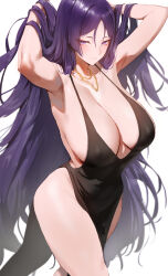  absurdres alternate_costume armpits arms_up black_dress blush breasts cleavage closed_mouth dress fate/grand_order fate_(series) female hands_in_hair highres jewelry large_breasts looking_at_viewer minamoto_no_raikou_(fate) necklace purple_eyes purple_hair rororo simple_background smile solo thighs white_background 